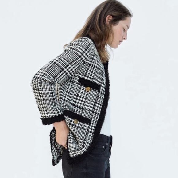 Zara Blogger Black White Textured Tweed Long Blazer. - Picture 4 of 13